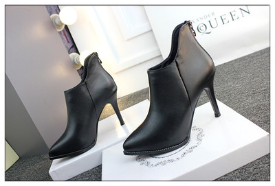 真皮女靴2017秋新款細(xì)跟尖頭短靴黑色百搭短靴裸靴子韓版高跟深口單鞋女鞋性感黑色246-6 東材馬丁靴型號【價格 圖片 品牌 報價】-蘇寧易購力盾服飾鞋帽專營店